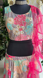 Chinnon pink floral hand made lehenga with choli