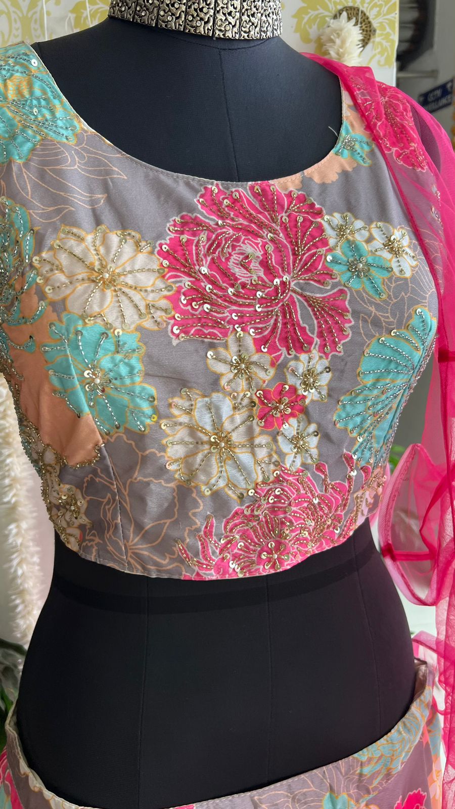 Chinnon pink floral hand made lehenga with choli