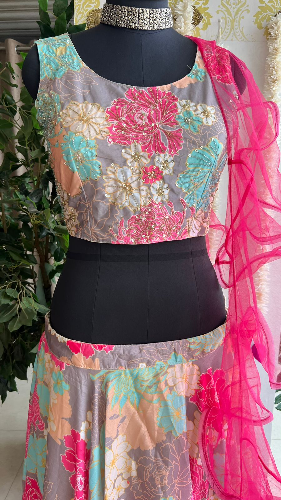 Chinnon pink floral hand made lehenga with choli