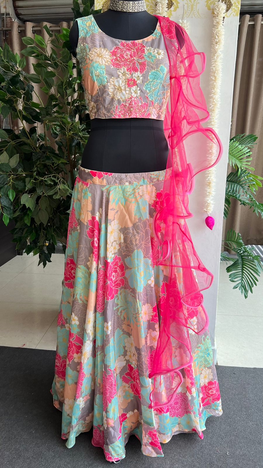 Chinnon pink floral hand made lehenga with choli