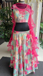 Chinnon pink floral hand made lehenga with choli
