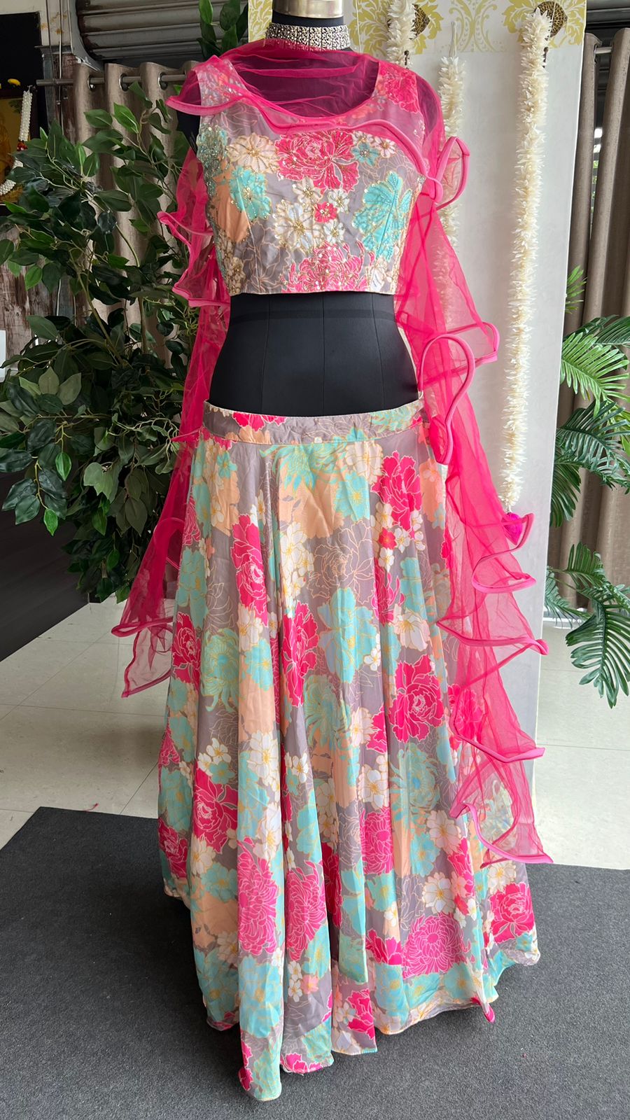 Chinnon pink floral hand made lehenga with choli