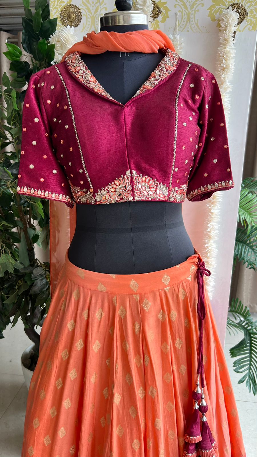Orange & maroon banarasi hand painted & embroidered lehenga