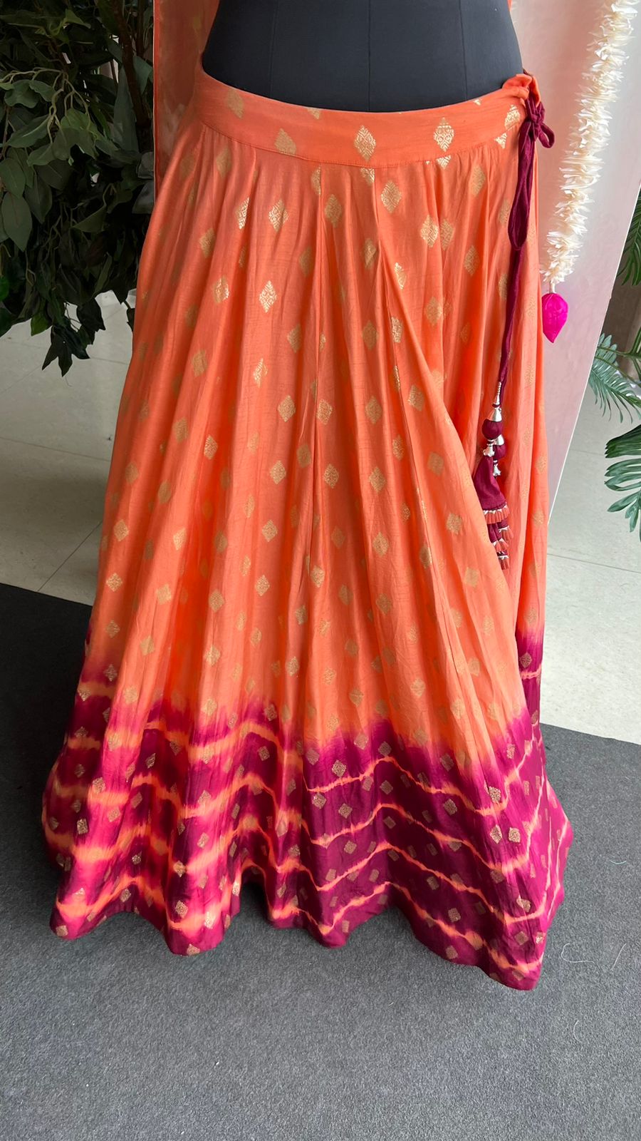 Orange & maroon banarasi hand painted & embroidered lehenga