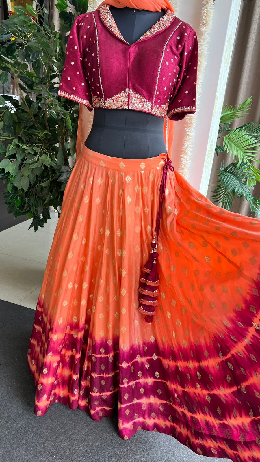 Orange & maroon banarasi hand painted & embroidered lehenga