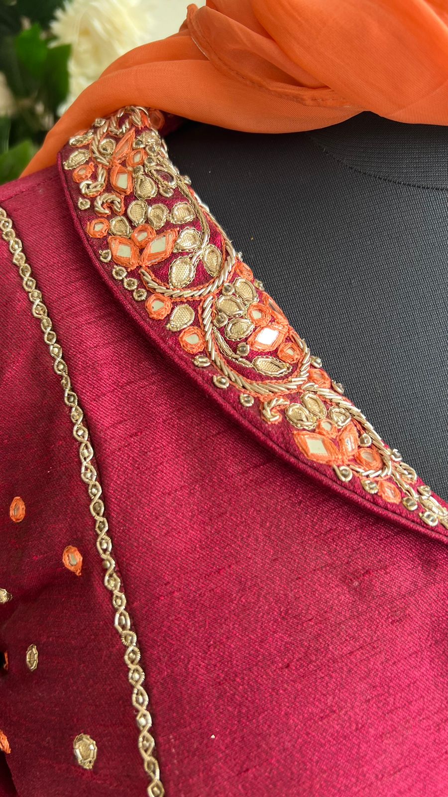 Orange & maroon banarasi hand painted & embroidered lehenga