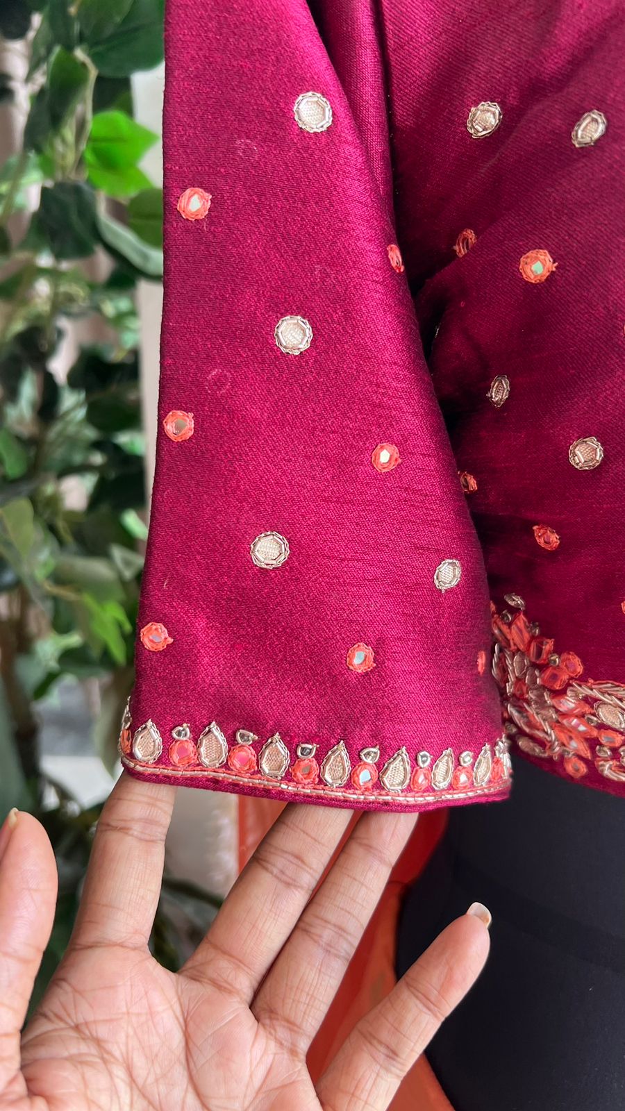 Orange & maroon banarasi hand painted & embroidered lehenga