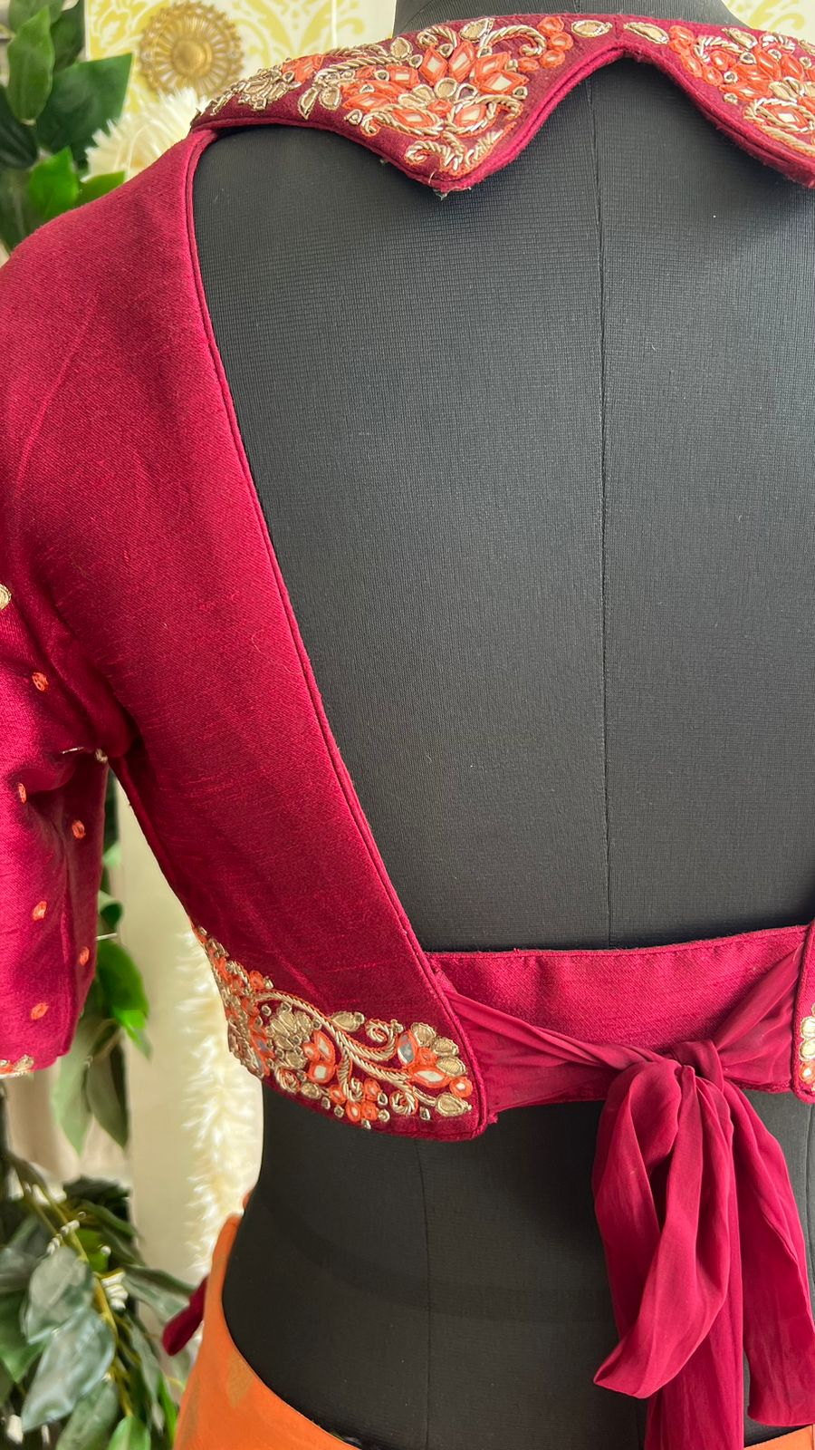 Orange & maroon banarasi hand painted & embroidered lehenga