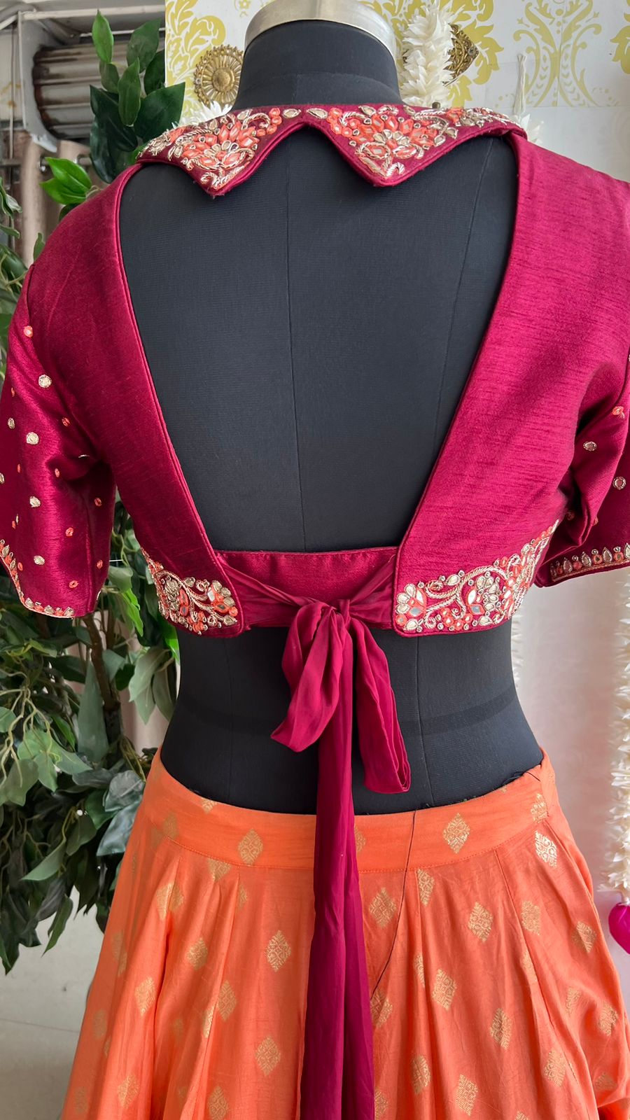 Orange & maroon banarasi hand painted & embroidered lehenga