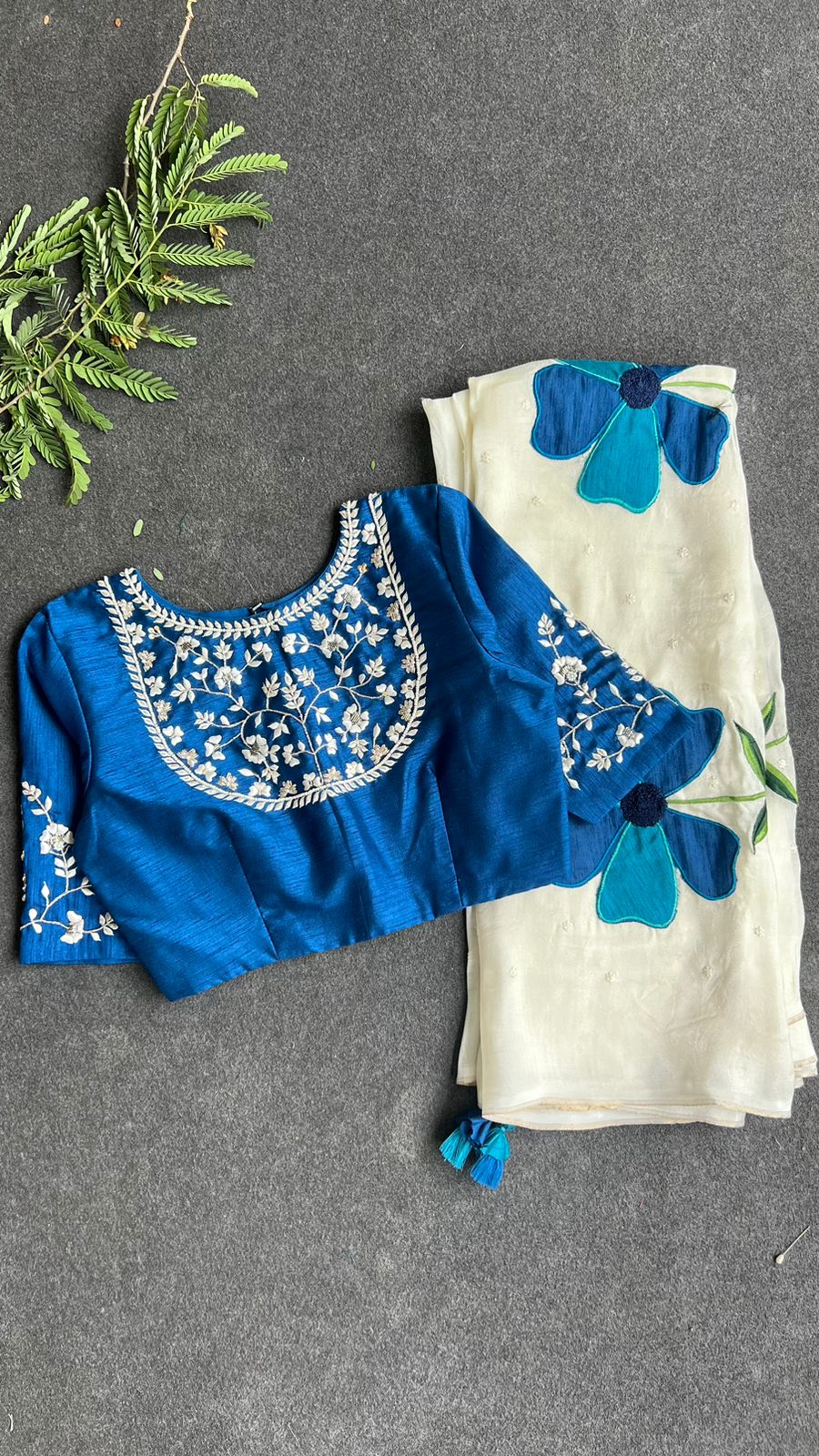 White jute saree with blue embroidery handmade blouse