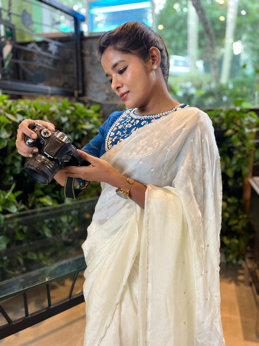 White jute saree with blue embroidery handmade blouse