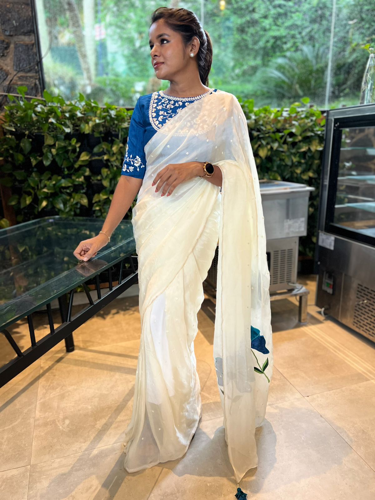 White jute saree with blue embroidery handmade blouse