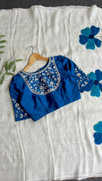 White jute saree with blue embroidery handmade blouse