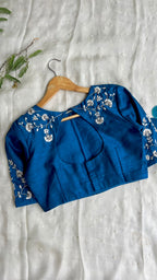 White jute saree with blue embroidery handmade blouse