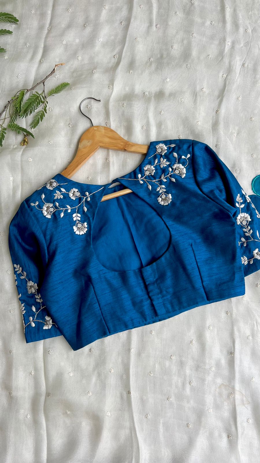 White jute saree with blue embroidery handmade blouse