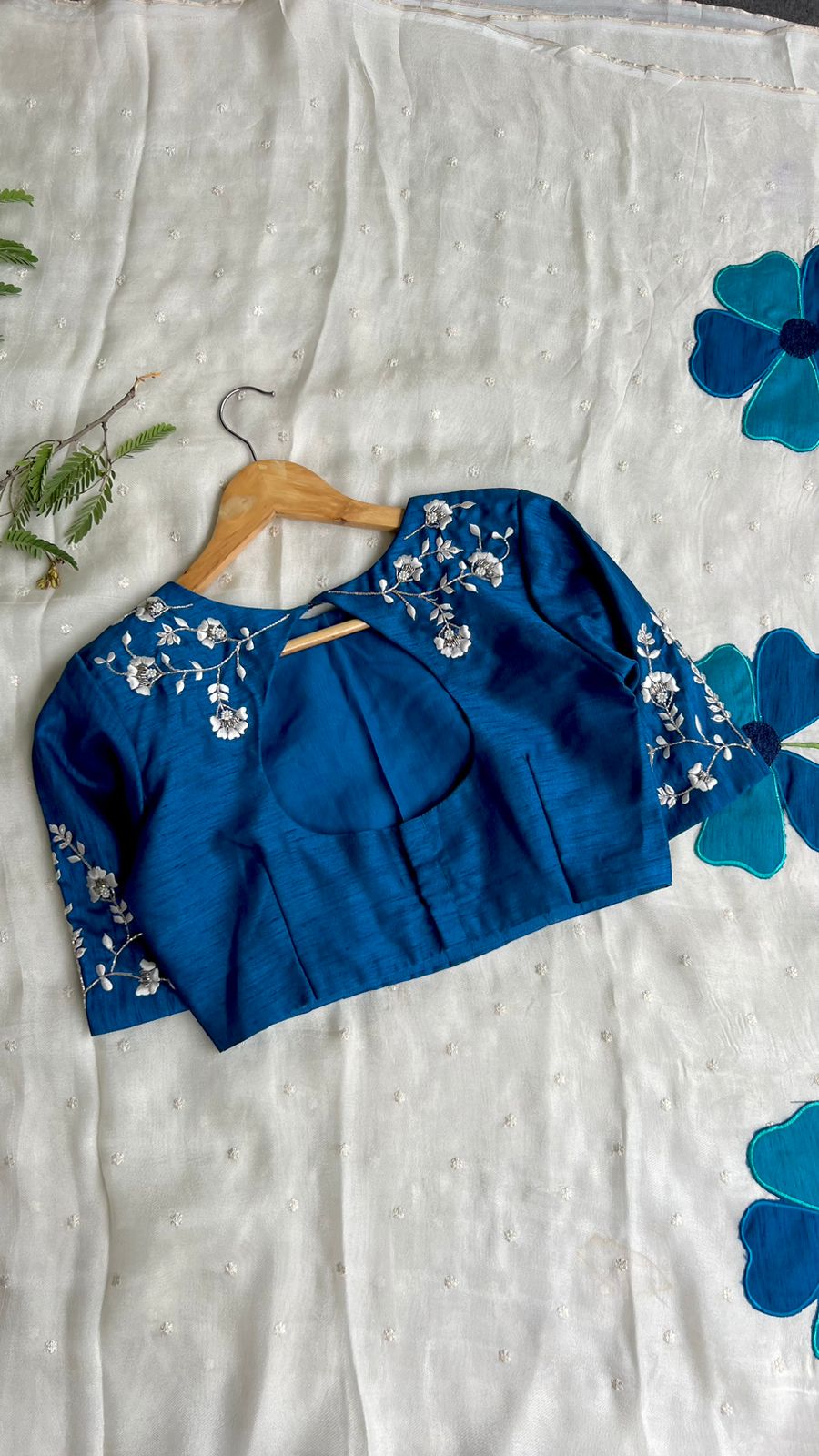 White jute saree with blue embroidery handmade blouse