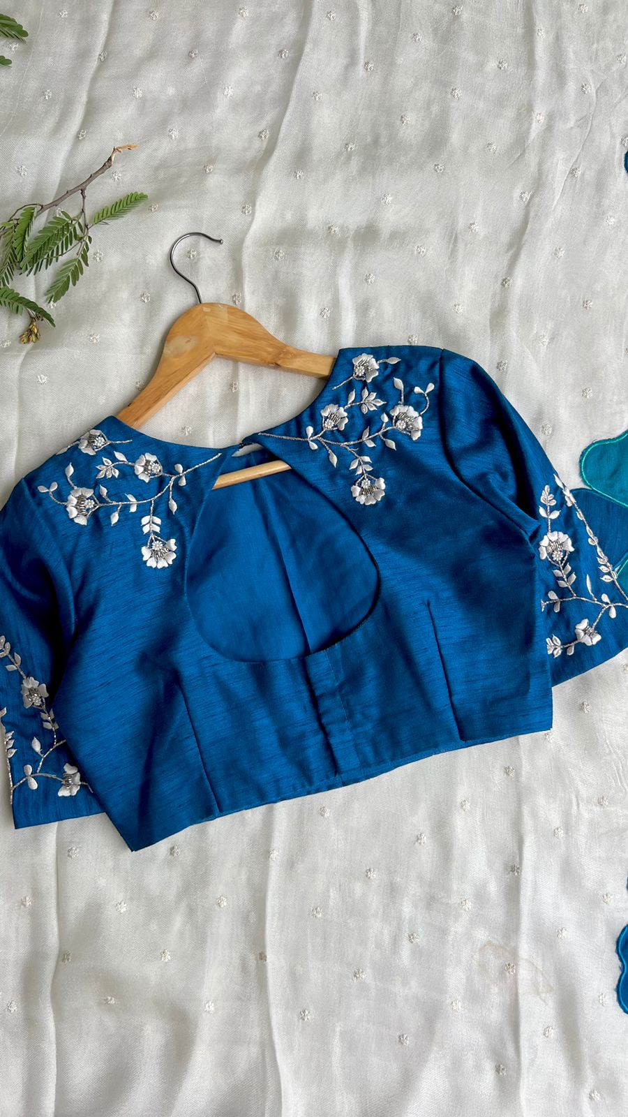 White jute saree with blue embroidery handmade blouse