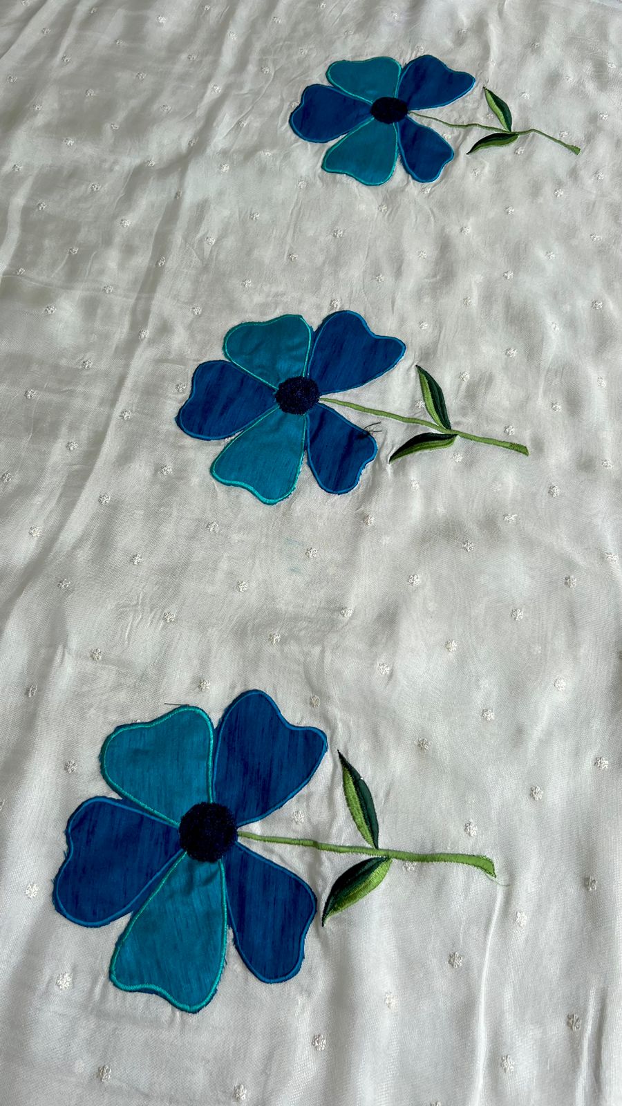 White jute saree with blue embroidery handmade blouse