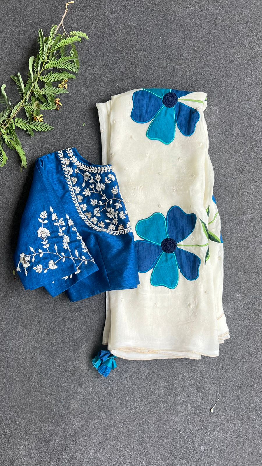 White jute saree with blue embroidery handmade blouse