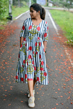 Grey & white floral printed 3 layered cotton kurti top