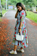 Grey & white floral printed 3 layered cotton kurti top