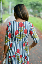Grey & white floral printed 3 layered cotton kurti top