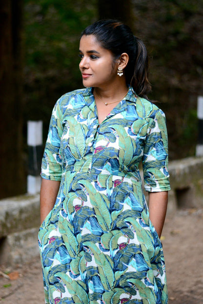 Green floral printed cotton collar kurti top