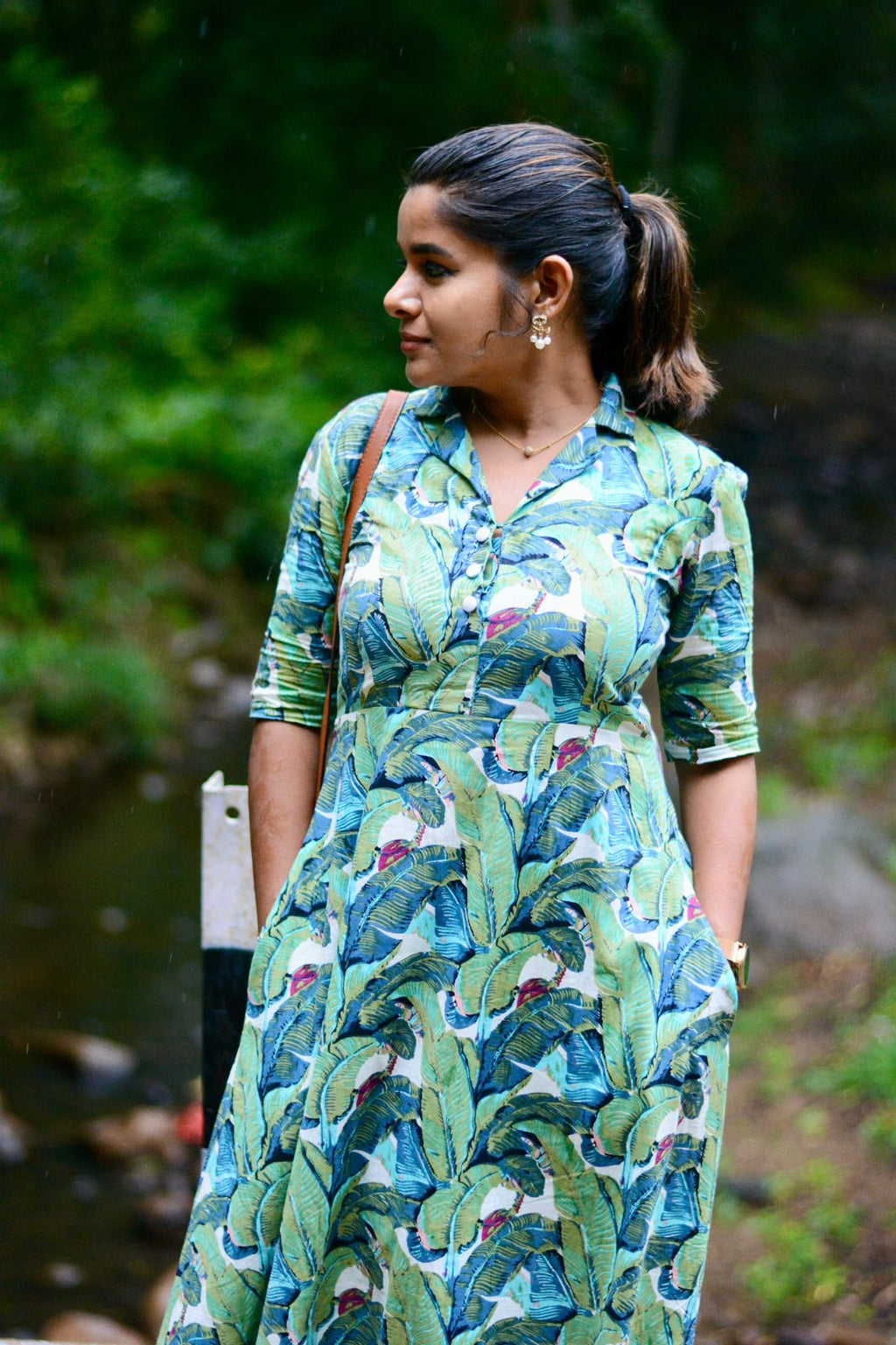 Green floral printed cotton collar kurti top