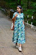 Green floral printed cotton collar kurti top