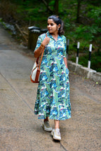 Green floral printed cotton collar kurti top
