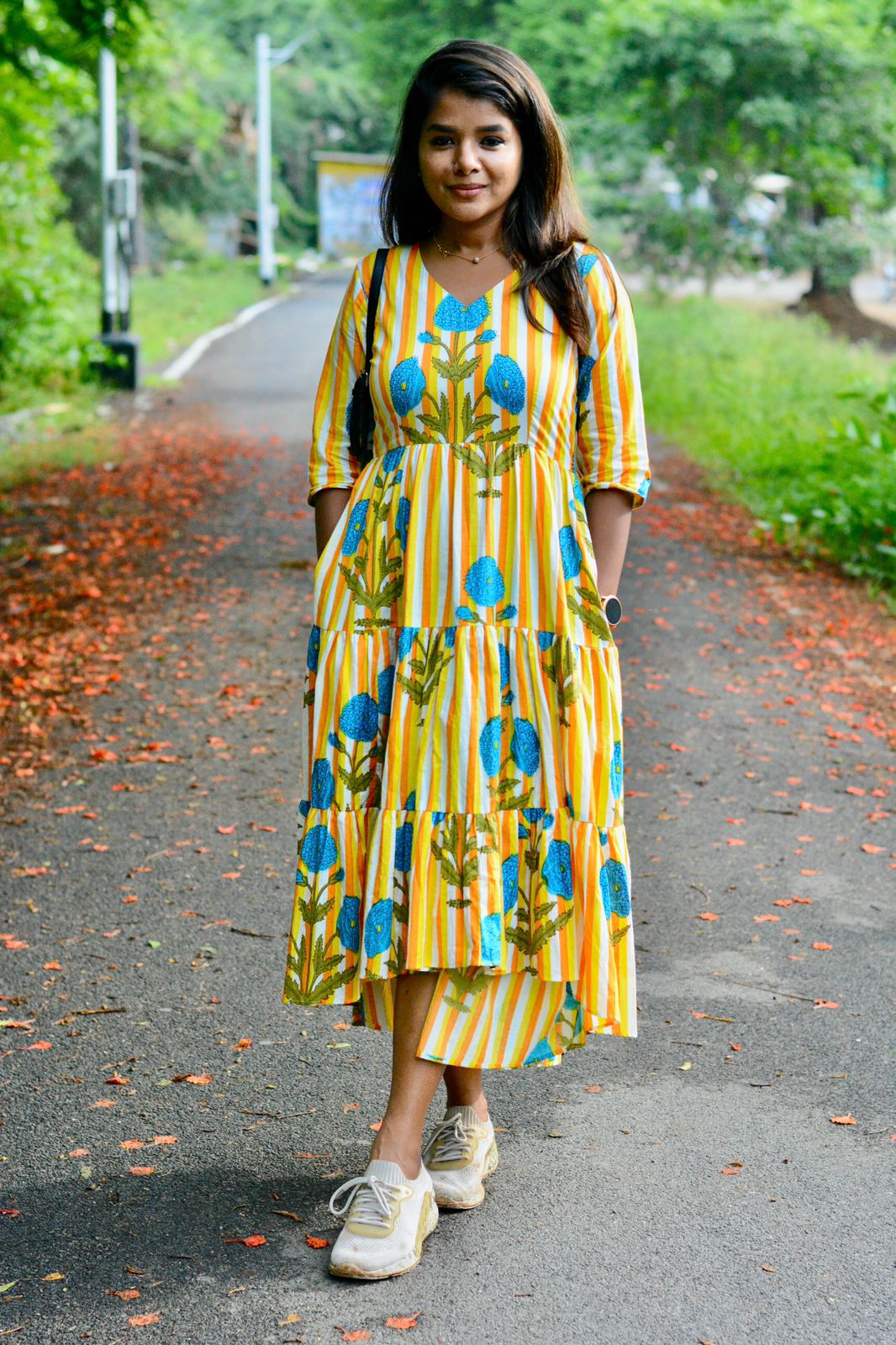 Yellow & white floral printed 3 layered cotton kurti top