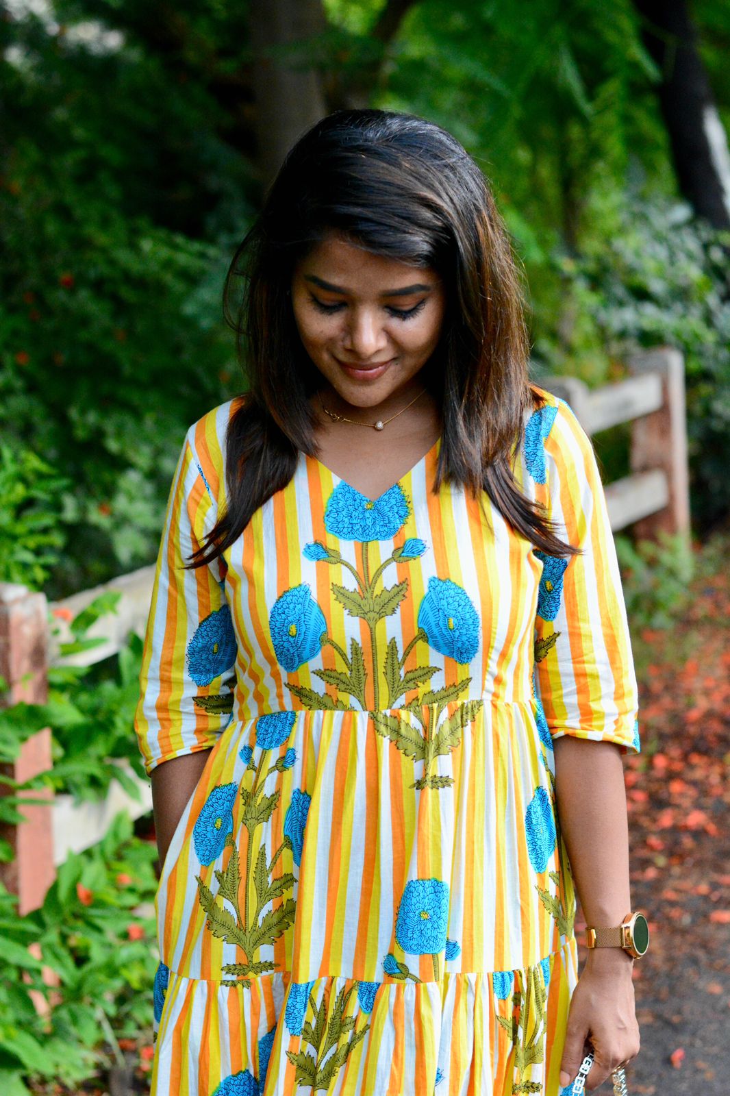 Yellow & white floral printed 3 layered cotton kurti top