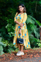 Yellow & white floral printed 3 layered cotton kurti top