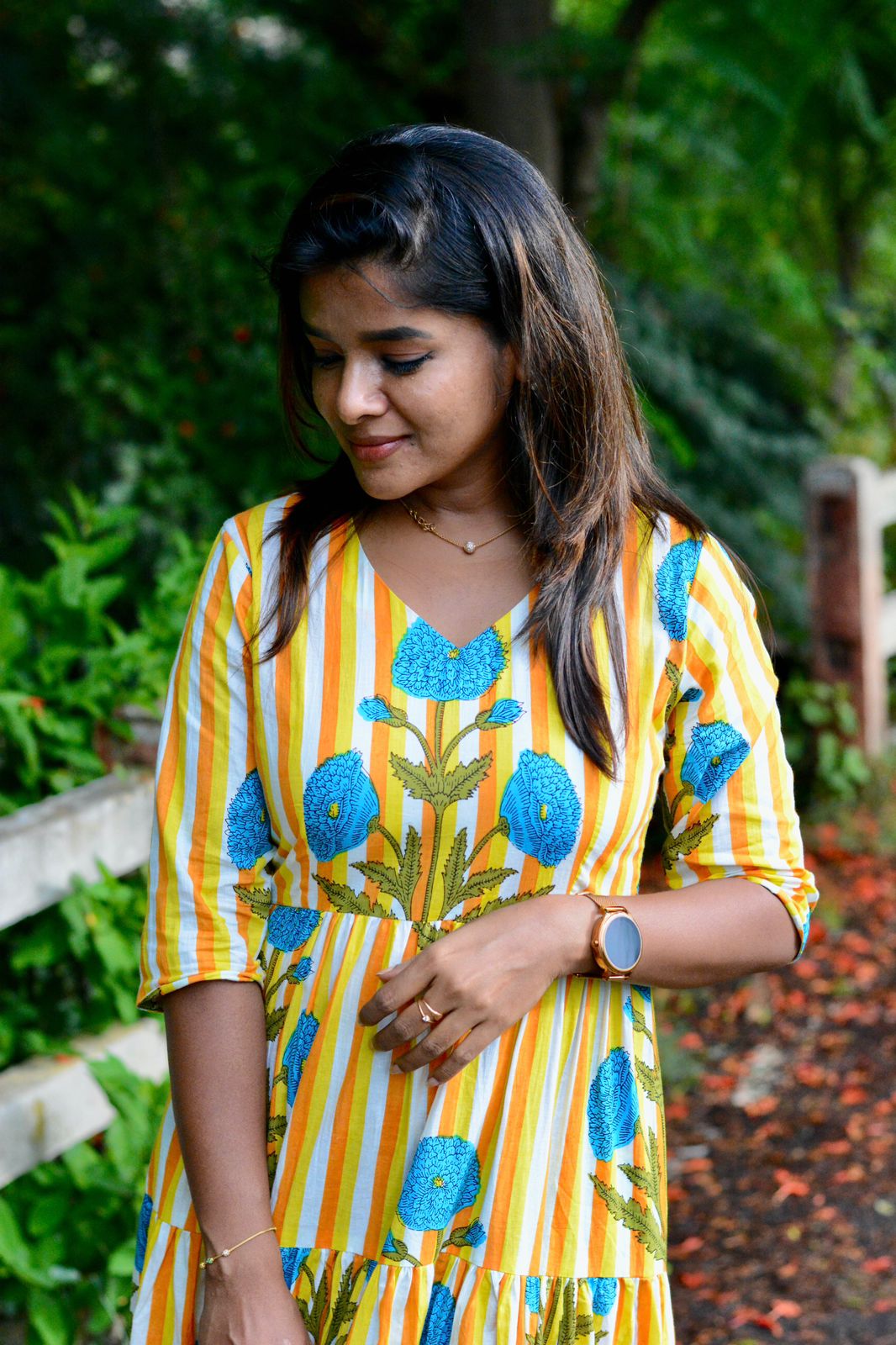 Yellow & white floral printed 3 layered cotton kurti top