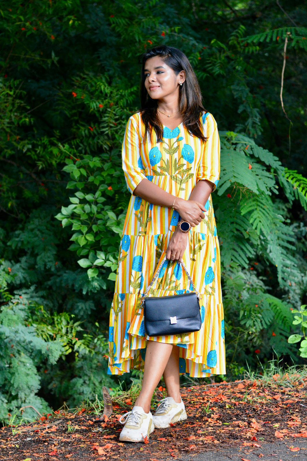 Yellow & white floral printed 3 layered cotton kurti top
