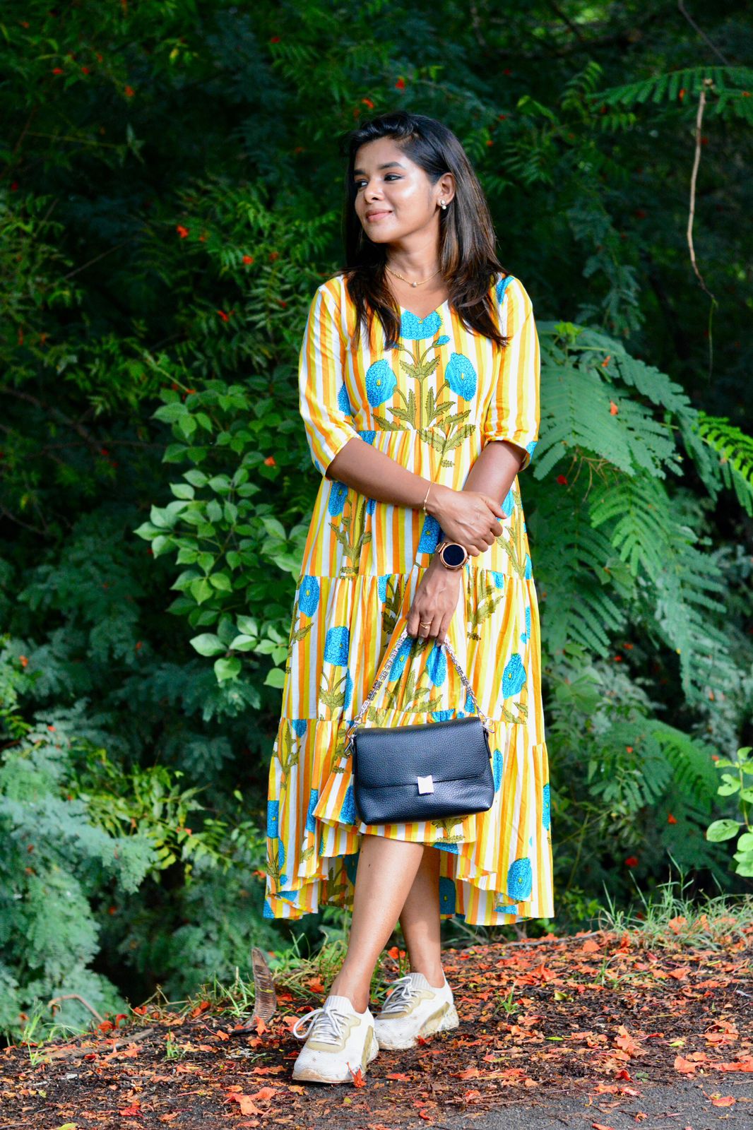 Yellow & white floral printed 3 layered cotton kurti top