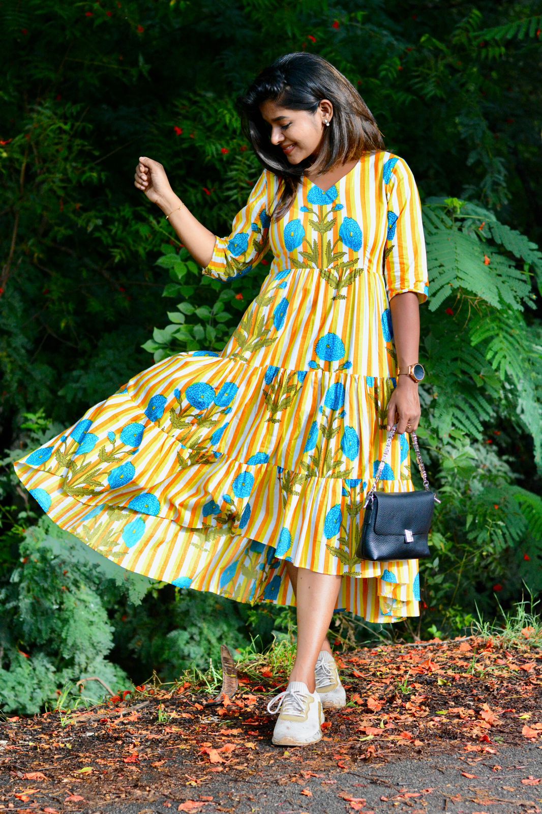 Yellow & white floral printed 3 layered cotton kurti top
