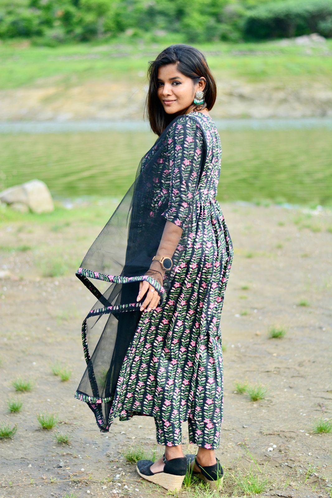 Black floral printed 3 piece kurti suit