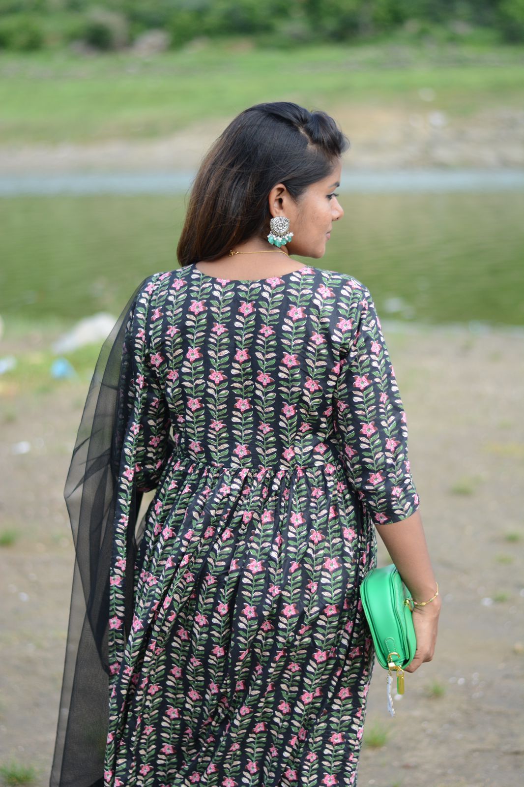 Black floral printed 3 piece kurti suit