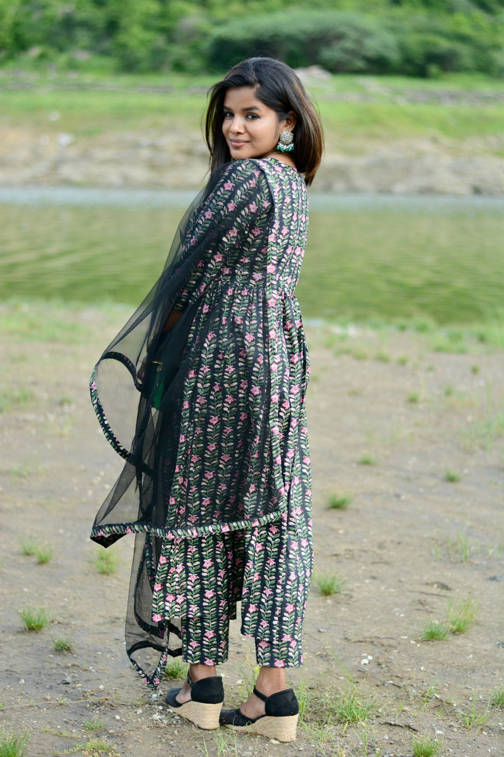Black floral printed 3 piece kurti suit