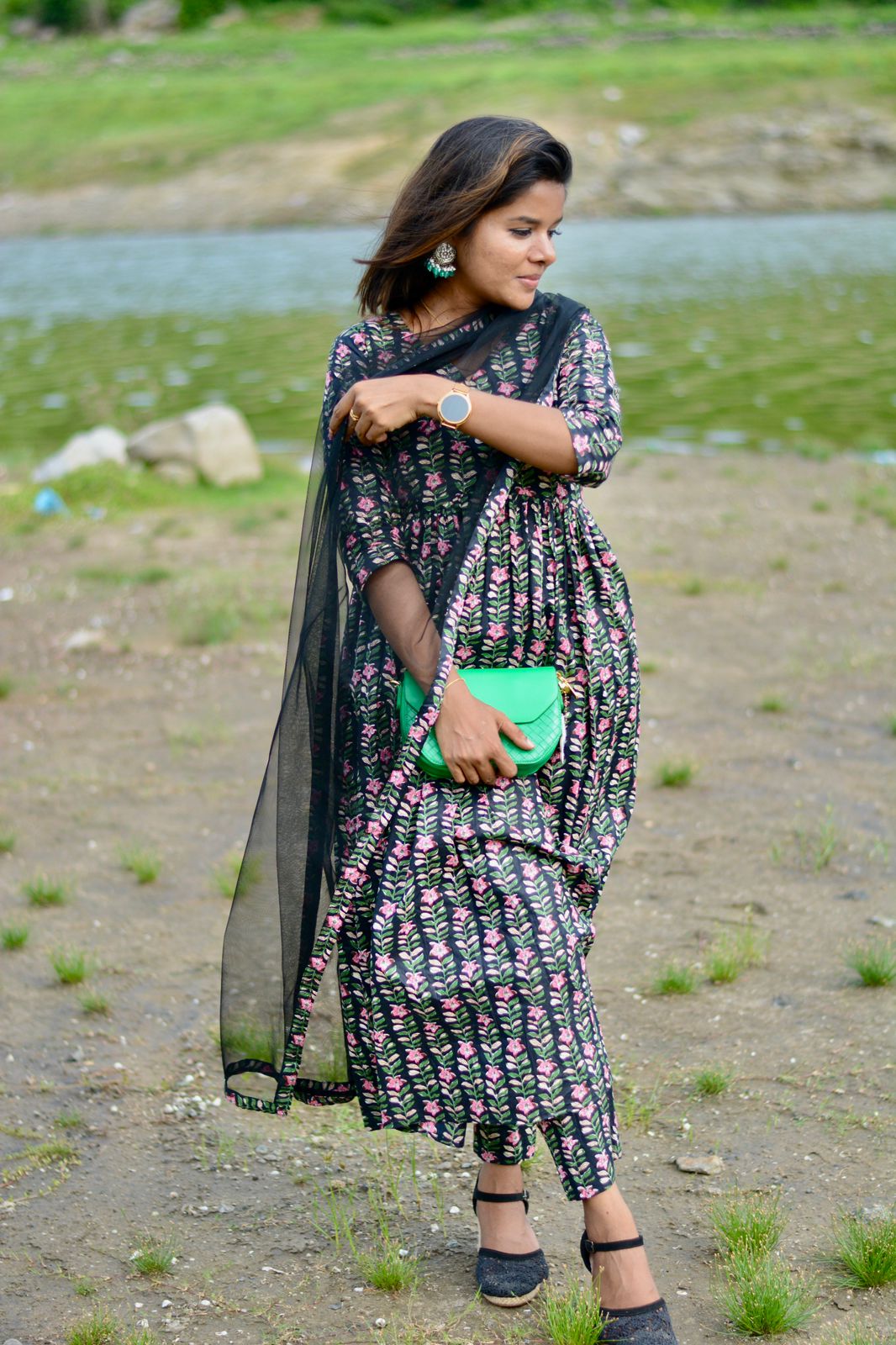 Black floral printed 3 piece kurti suit