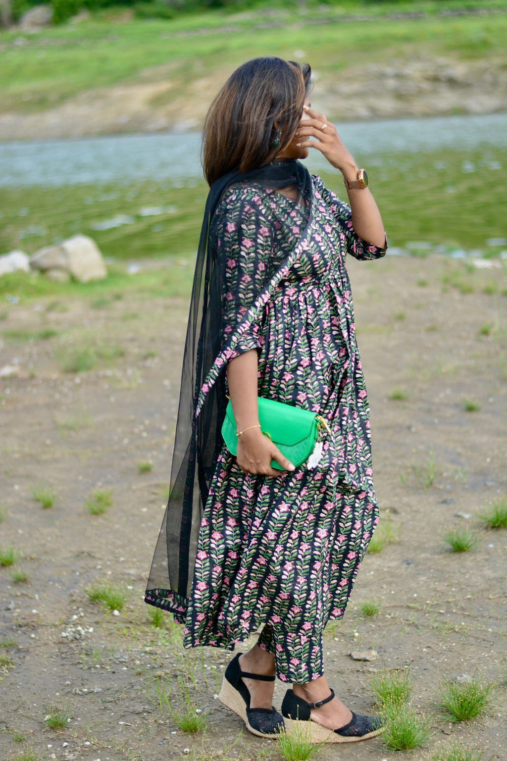 Black floral printed 3 piece kurti suit