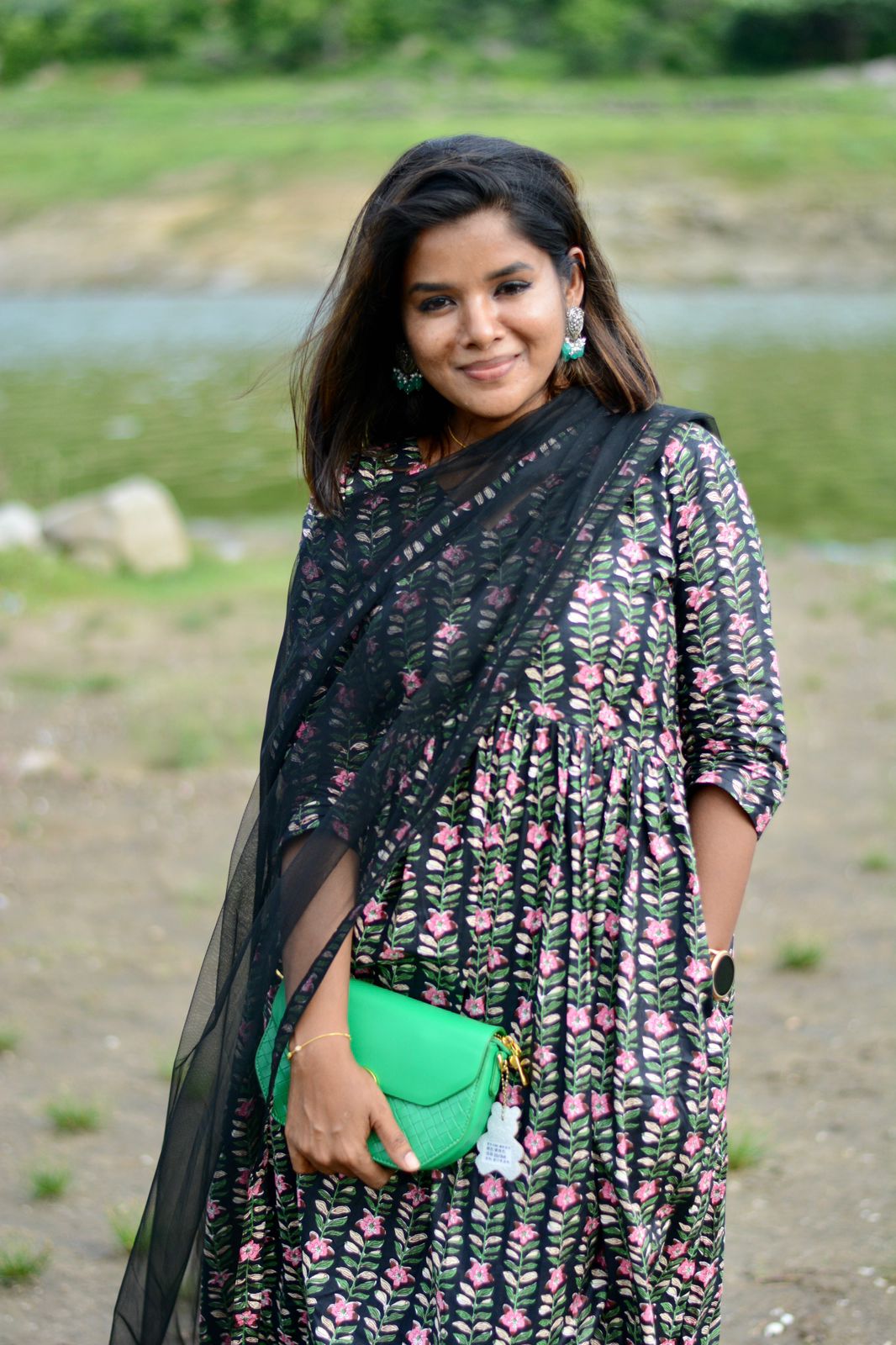 Black floral printed 3 piece kurti suit