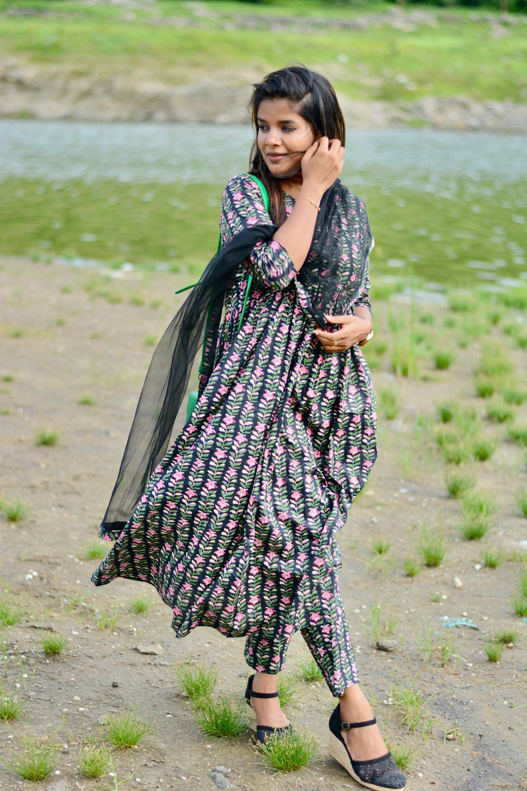 Black floral printed 3 piece kurti suit