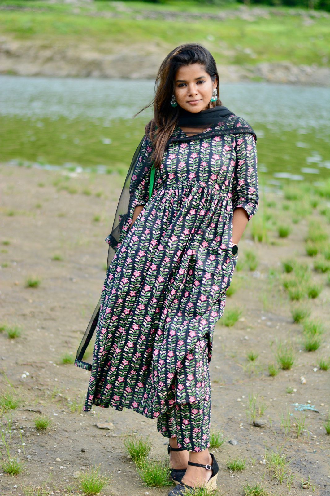 Black floral printed 3 piece kurti suit
