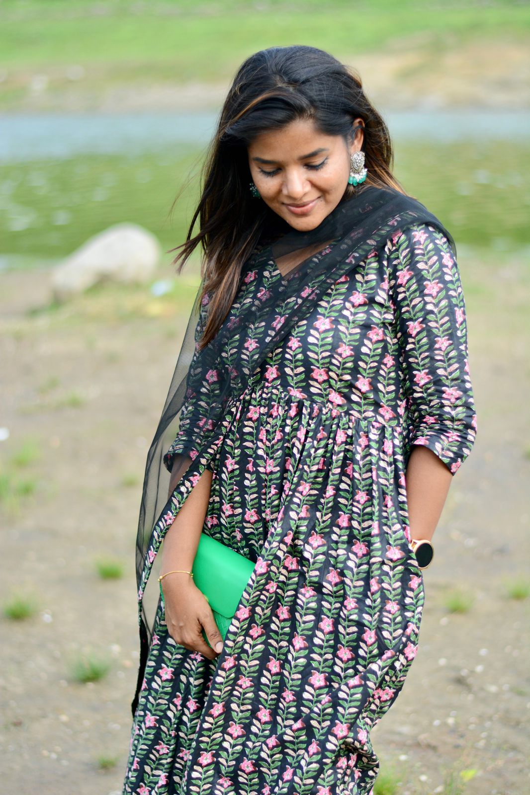 Black floral printed 3 piece kurti suit