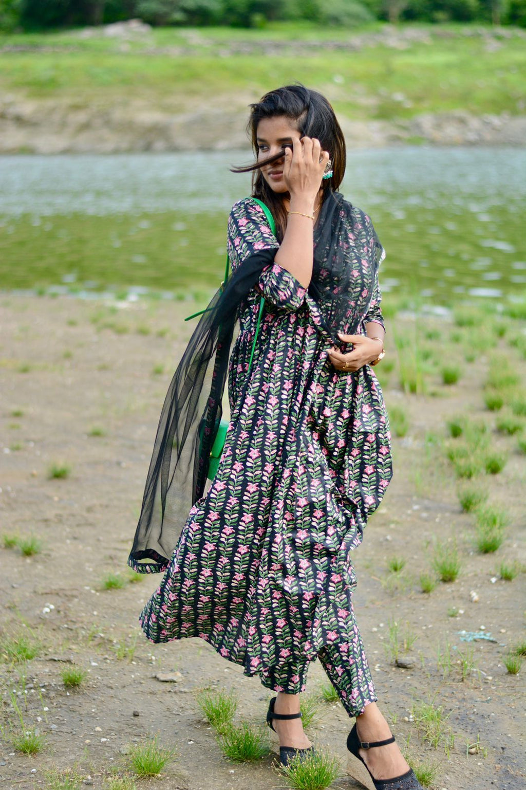 Black floral printed 3 piece kurti suit