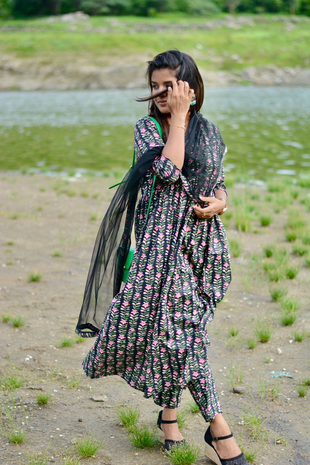 Black floral printed 3 piece kurti suit
