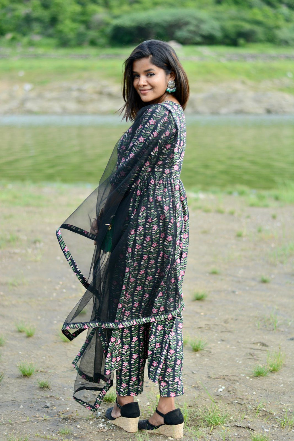 Black floral printed 3 piece kurti suit