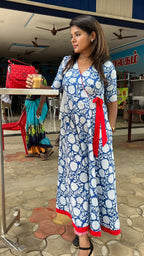 Blue & white floral printed cotton maxi dress